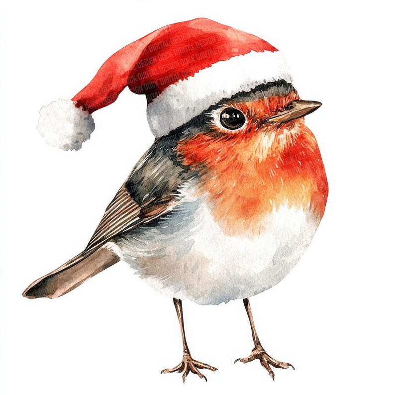 Robin Santa Hat PNG Clip Art, 12x Christmas Bird Watercolor Clipart Set ...