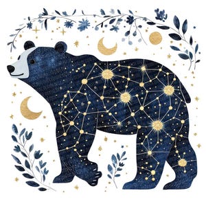 Op de afbeelding: Een illustratie van een marineblauwe beer met een gouden sterrenbeeldontwerp. De beer is omringd door gouden manen, sterren en blauwe bloemmotieven. Het gezicht van de beer is wit. De afbeelding heeft de tekst "DIGITAL DESIGN" herhaald.