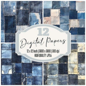12x Denim Patch Junk Journal Paper Textile Texture Digital Paper Pack High Quality JPGs Scrapbook Paper Printable Download