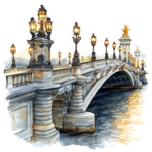 12 cliparts du pont de Paris, art du Pont Alexandre III aquarelle, clipart imprimable, haute qualité JPG, téléchargement numérique, fabrication de cartes, art Français