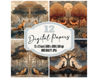 12x Woodland Fox Junk Journal Folk Art Digital Paper Pack Rustic Backgrounds Papier Découpés Printable High Quality JPGs Scrapbook Paper