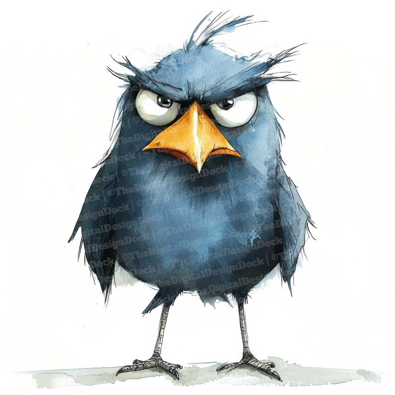 12x Quirky Bird Clip Art, Grumpy Blue Bird Watercolor, Printable ...