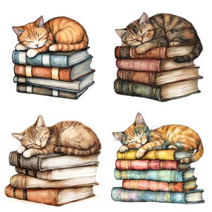 May include: Four watercolor illustrations of cats sleeping on stacks of vintage books. Each cat is curled up on a different stack of books, with the books varying in size and color. The cats are all sleeping soundly, with their eyes closed and their paws tucked under their bodies.