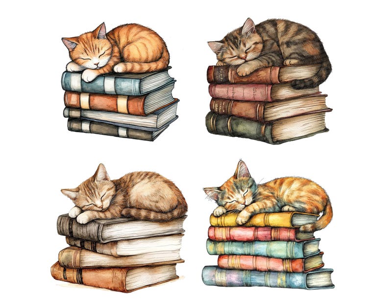 May include: Four watercolor illustrations of cats sleeping on stacks of vintage books. Each cat is curled up on a different stack of books, with the books varying in size and color. The cats are all sleeping soundly, with their eyes closed and their paws tucked under their bodies.
