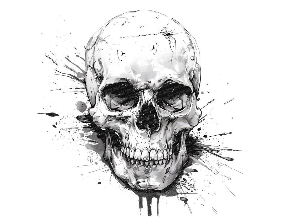 Skull Clipart, 12x Ink Drawing Skull Art Set, Printable Gothic
