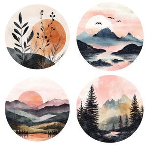 Pu&ograve; includere: Quattro dipinti circolari ad acquerello con un tema naturalistico. Il primo dipinto presenta un tramonto marrone e arancione con rami e foglie neri. Il secondo dipinto presenta una catena montuosa blu con un lago e un tramonto rosa. Il terzo dipinto presenta un tramonto rosa con una catena montuosa e un lago. Il quarto dipinto presenta un tramonto rosa con una catena montuosa e una foresta di pini.