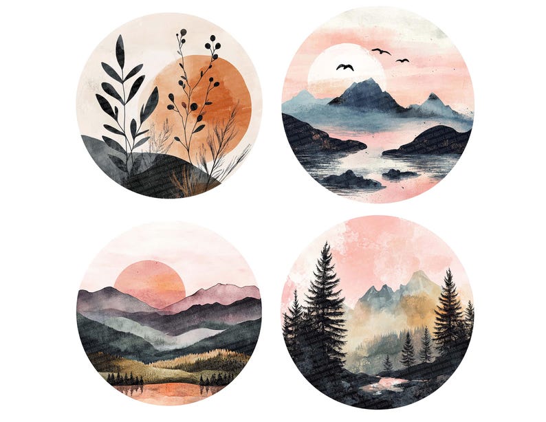 Pu&ograve; includere: Quattro dipinti circolari ad acquerello con un tema naturalistico. Il primo dipinto presenta un tramonto marrone e arancione con rami e foglie neri. Il secondo dipinto presenta una catena montuosa blu con un lago e un tramonto rosa. Il terzo dipinto presenta un tramonto rosa con una catena montuosa e un lago. Il quarto dipinto presenta un tramonto rosa con una catena montuosa e una foresta di pini.