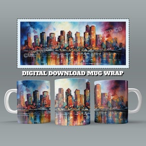 City Skyline Mug Wrap, 11oz & 15 Oz Mug Sublimation Design, Watercolor Mug Design, Mug Wrap, Mug Sublimation, 11oz Mug Png, 15oz Mug PNG