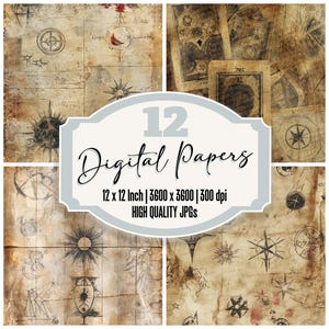 12x Faded Tarot Symbols Junk Journal Paper, Mystical Digital Paper Pack,Aged Esoteric Ephemera,Distressed Parchment Backgrounds,High Quality