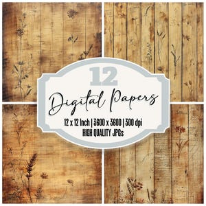 Paquete de 12 papeles digitales rústicos florales de madera botánica para diario, de alta calidad, con fondo envejecido, para imprimir y álbumes de recortes.