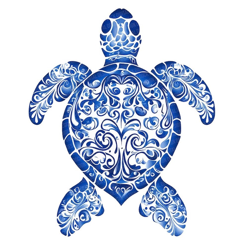 May include: A blue and white ceramic turtle with a decorative floral pattern. The turtle is a traditional Chinese design.