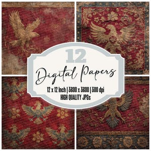 12 Medieval Eagle Digital Paper Heraldry Junk Journal Paper Regal Banner Backgrounds Distressed Scrapbook Pages Printable Textures JPGs