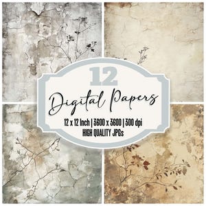 12x Rustic Stucco Junk Journal Paper, Aged Wall Digital Paper Pack, Cracked Plaster Texture, Botanical Grunge Backgrounds, High Quality JPGs