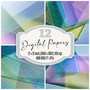 May include: A collection of 12 digital papers with abstract geometric designs in shades of blue, green, yellow, and purple. The papers are 12 x 12 inches and 3600 x 3600 pixels at 300 dpi. The text on the image says "Digital Papers".