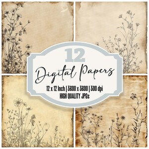 12x Vintage Botanical Junk Journal Paper, Aged Parchment Digital Paper Pack, Rustic Floral Backgrounds, High Quality JPGs, Digital Download