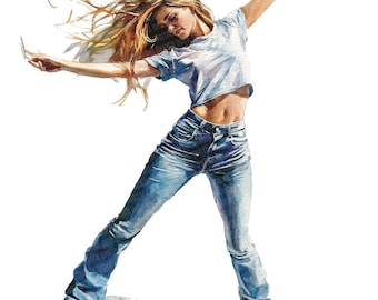 May include: A watercolor painting of a woman wearing a white crop top and blue jeans. She is posing with her arms outstretched and her hair flowing in the wind.