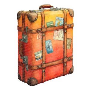 12 Watercolor Travel Case PNG Clipart, Retro Suitcase Clip Art Set, Printable Digital Clipart, Transparent Background, Vacation Journal PNGs