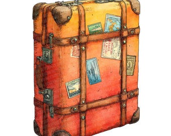 12 Watercolor Travel Case PNG Clipart, Retro Suitcase Clip Art Set, Printable Digital Clipart, Transparent Background, Vacation Journal PNGs
