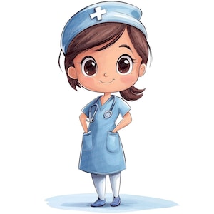 12x Clipart PNG di Infermiere Carine, Set di Clip Art di Personaggi Medici dei Cartoni Animati, PNG Acquerello Stampabile, Download Digitale, Scrapbooking, Diario di Scarto