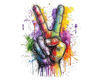 Neon Peace Sign PNG Clipart, 12x Watercolor Hand Sign Clip Art Set, Printable Clip Art, Transparent PNG, Digital Download, Retro V Sign Art