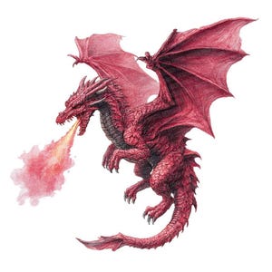 May include: A detailed illustration of a red dragon with outstretched wings, breathing fire. The dragon is depicted in mid-flight, with intricate scales and a menacing expression. The fire is a mix of orange and red hues.