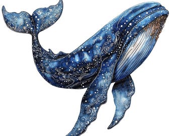 May include: A watercolor painting of a blue whale with a galaxy-like pattern on its skin. The whale is swimming upwards with its mouth open.
