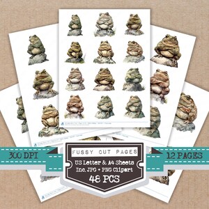 May include: A collection of watercolor frog illustrations on white paper. The frogs are depicted in various poses, perched on rocks. The image includes text that reads "Fussy Cut Pages", "US Letter & A4 Sheets", "Inc. JPG + PNG Clipart", and "48 PCS".