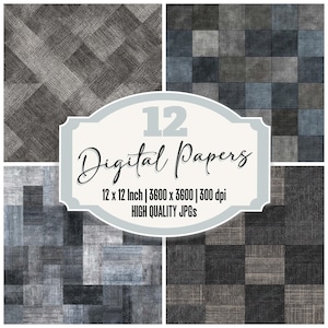 May include: A digital art image featuring four textured backgrounds in shades of gray and blue. The image includes the text "12 Digital Papers" and details about the paper size and resolution.