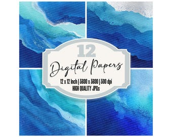 12x Watercolor Aqua Sapphire Junk Journal Paper Digital Paper Pack Coastal Ink Wash Backgrounds Ocean Texture Scrapbook Papers JPGs Download