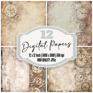 May include: Twelve digital papers featuring vintage clock and gear designs in shades of brown, beige, and white. Each paper is 12 inches by 12 inches and 300 dpi.