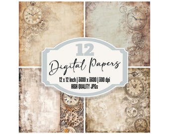 12x Steampunk Junk Journal Paper Pack, Vintage Clocks and Gears Digital Paper, Antique Mechanical Backgrounds, Scrapbook, High Quality JPGs