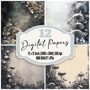 12 x cadre champignon indésirable journal papier encre spores paquet de papier numérique vintage arrière-plans botaniques JPG haute qualité téléchargement scrapbooking