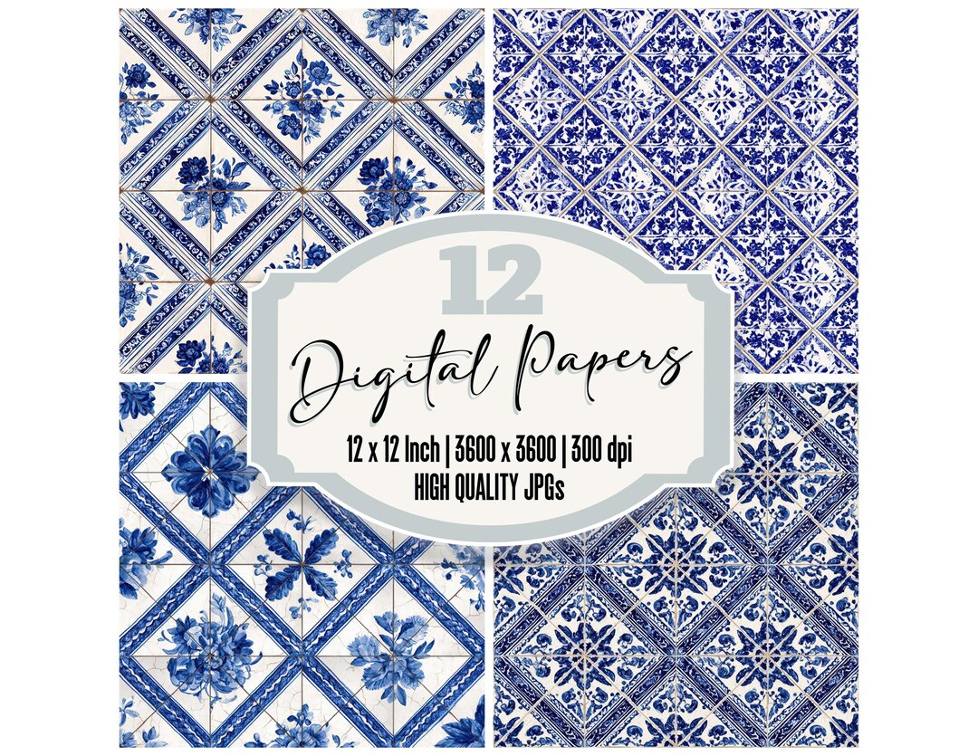 12x Delft Blue Diamond Tile Digital Paper Ceramic Pattern Junk Journal ...