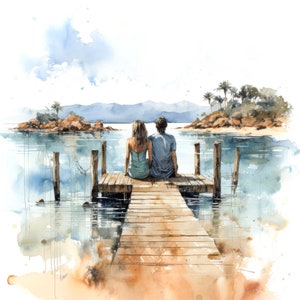 Clipart de pareja en el muelle, 12 archivos JPG, pareja en el puerto marítimo, clipart de acuarela imprimible, arte mural, descarga digital, revistas basura, gráficos
