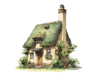 12x Thatched Cottage PNG Clipart, Watercolor Countryside Houses Clip Art Set, Printable Village Buildings, Digital Download, Transparent PNG