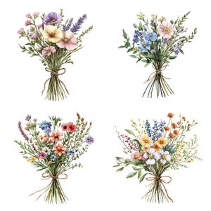 May include: Four watercolour illustrations of bouquets of wildflowers. Each bouquet is tied with twine and features a variety of colours, including pink, blue, yellow, and white.