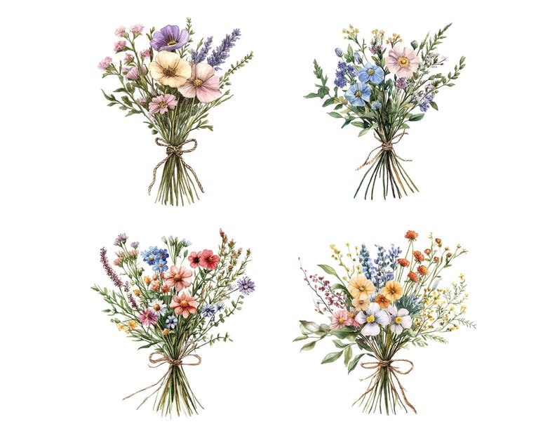 May include: Four watercolour illustrations of bouquets of wildflowers. Each bouquet is tied with twine and features a variety of colours, including pink, blue, yellow, and white.