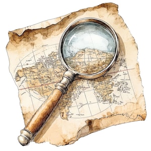Lupa PNG Clipart, 12x Vintage Map Clip Art Set, Clip Art de acuarela imprimible, Manualidades de papel, Descarga digital, Paquete de diario basura