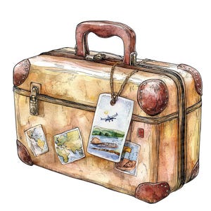 Travel Suitcase PNG Clip Art, 12x Vintage Luggage Clip Art Set, Printable Watercolor Clip Art, Digital Download, Paper Crafts, Junk Journal