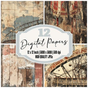 12x Vintage Carnival Junk Journal Paper, Distressed Amusement Park Digital Paper Pack, Aged Wood & Faded Graphics, Scrapbook Backgrounds
