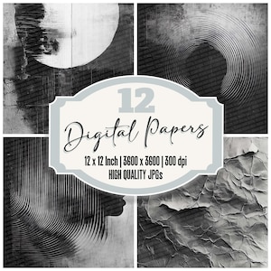 Paquet de 12 papiers monochromes pour journal intime rayé, JPG haute qualité, Texture Vignette grunge, téléchargement de papier