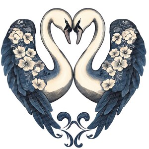 Folk Swans Forming Heart PNG Clip Art, 12x Love Birds Clipart Set, Watercolor Swan Clip Art, Printable Digital Download, Transparent PNG