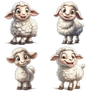 May include: Four cartoon illustrations of white sheep with brown eyes and noses. Each sheep has a different facial expression. The sheep are standing on a white background.