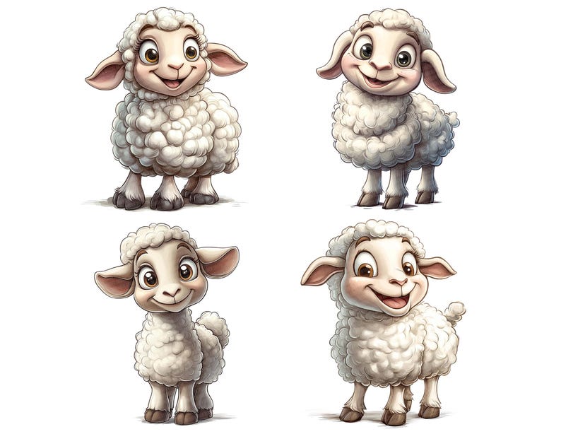 May include: Four cartoon illustrations of white sheep with brown eyes and noses. Each sheep has a different facial expression. The sheep are standing on a white background.