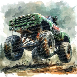 12x Monstertrucks Clipart, Monstertrucks Autos Clipart, druckbare Aquarell Clipart, Wandkunst, Papiermodelle, digitaler Download, Junk Journals