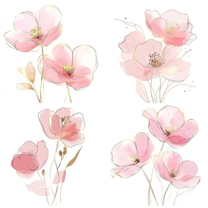 Eleganti clipart di fiori rosa, set di 12 clipart PNG floreali pastello, clipart di acquerelli stampabili, download digitale, creazioni di carta, PNG floreali