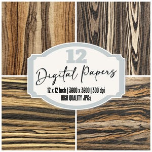 Paquete de 12 papeles digitales de diario de madera de cebra con veta de llama marfil, textura exótica, archivos JPG de alta calidad, fondos para álbumes de recortes.