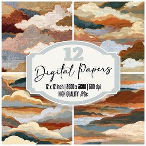 Peut inclure: Douze papiers numériques avec des motifs de nuages aux couleurs bleu, orange, marron et blanc. Chaque papier mesure 30,48 cm x 30,48 cm et a une résolution de 3600 x 3600 pixels à 300 dpi. Le texte sur l'image indique "Digital Papers".