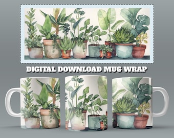Watercolor House Plants Mug Wrap, 11oz & 15 Oz Mug Sublimation Design, Plant Mug, House Plants Mug Sublimation, 11oz Mug Png, 15oz Mug PNG