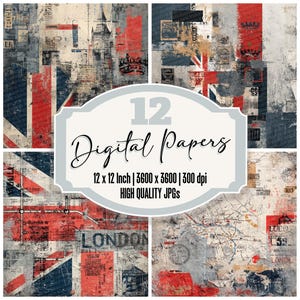 12x Colagem de Londres Papel de Jornal Junk Papel Digital Union Jack Textura da Coroa Subterrânea Fundo de Zine JPGs de Alta Qualidade